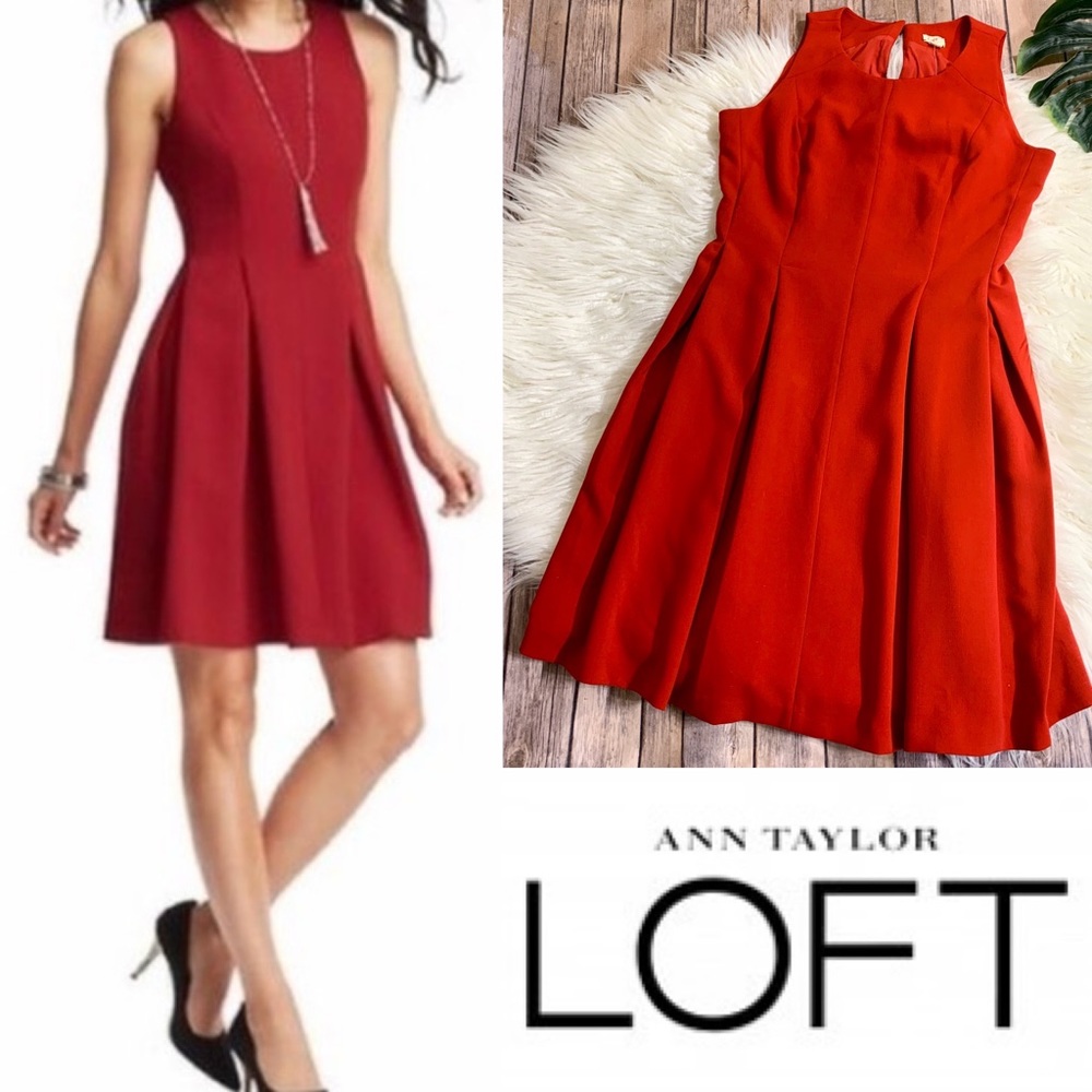 LOFT Red Fit & Flare Pleated Dress